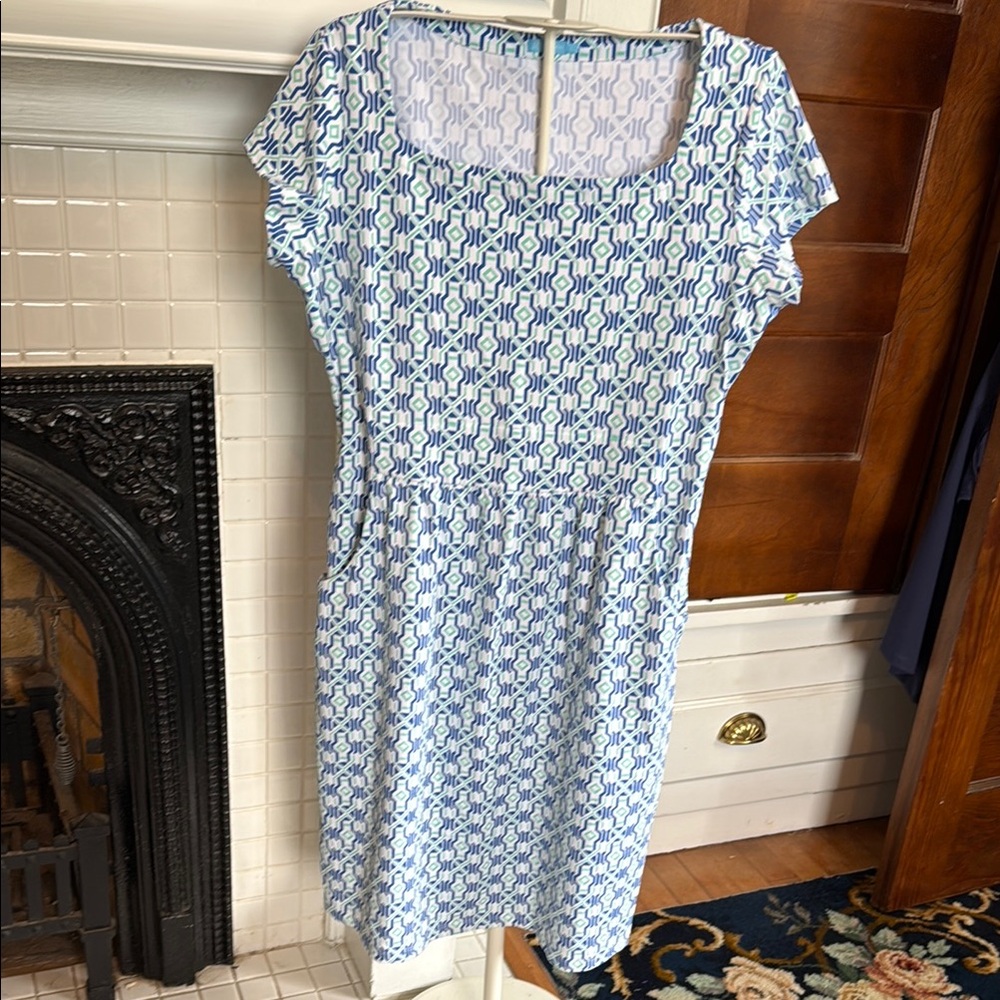 J. McLaughlin Catalina Blue and White Casual Midi Dress with Square Neck-